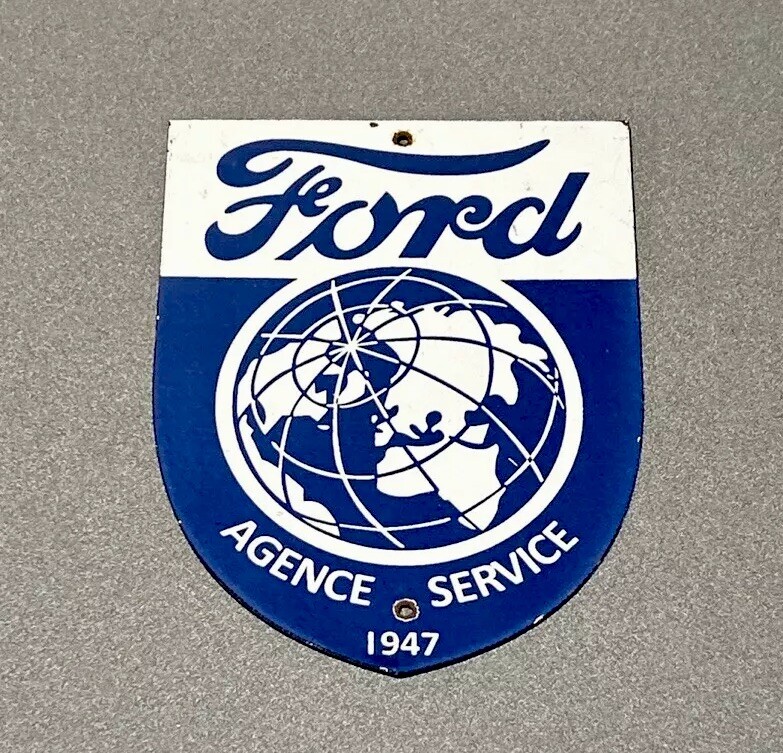 VINTAGE 12” 1947 FORD SERVICE DEALERSHIP BADGE PORCELAIN SIGN CAR GAS