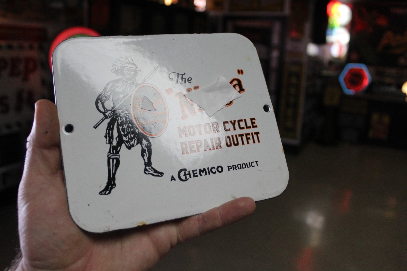 RARE CHEMICO MOTORCYLE TIRE REPAIR KIT DEALER PORCELAIN METAL SIGN HARLEY INDIAN