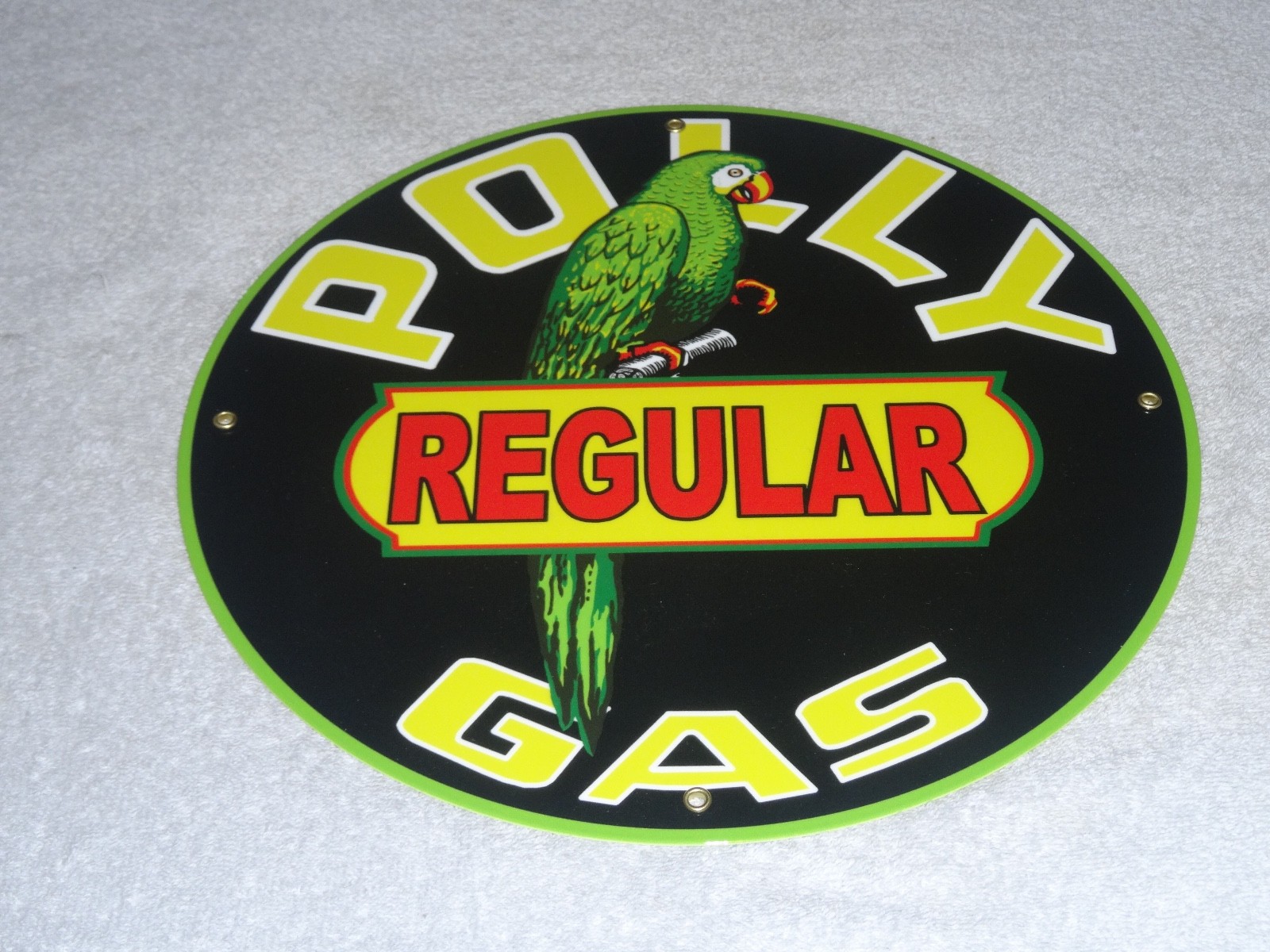 VINTAGE POLLY REGULAR GAS PARROT 🦜 11 3/4″ PORCELAIN METAL GASOLINE & OIL SIGN