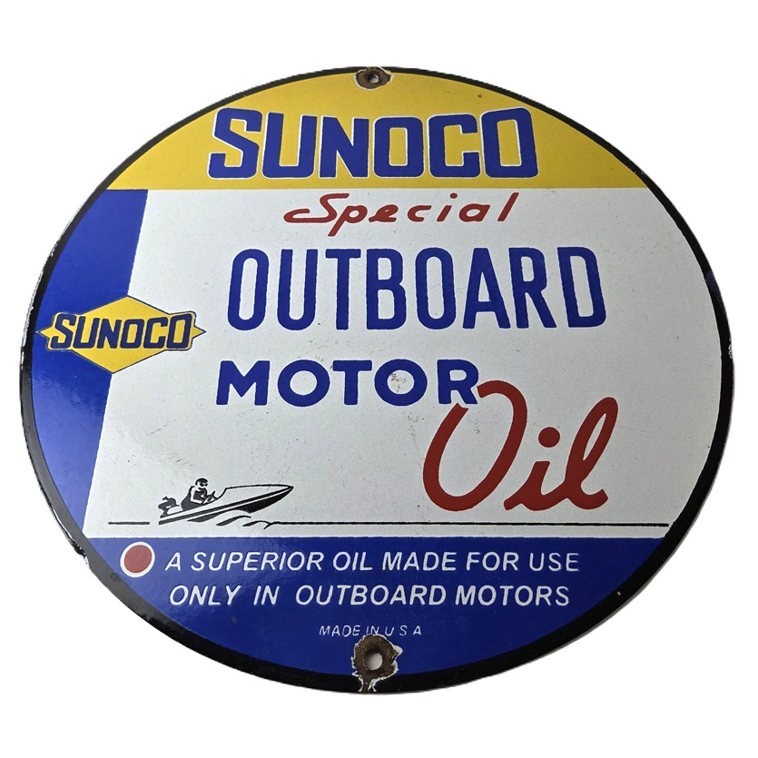 Vintage Sunoco Gasoline Sign – Outboard Motor Oil Service Station Porcelain Sign