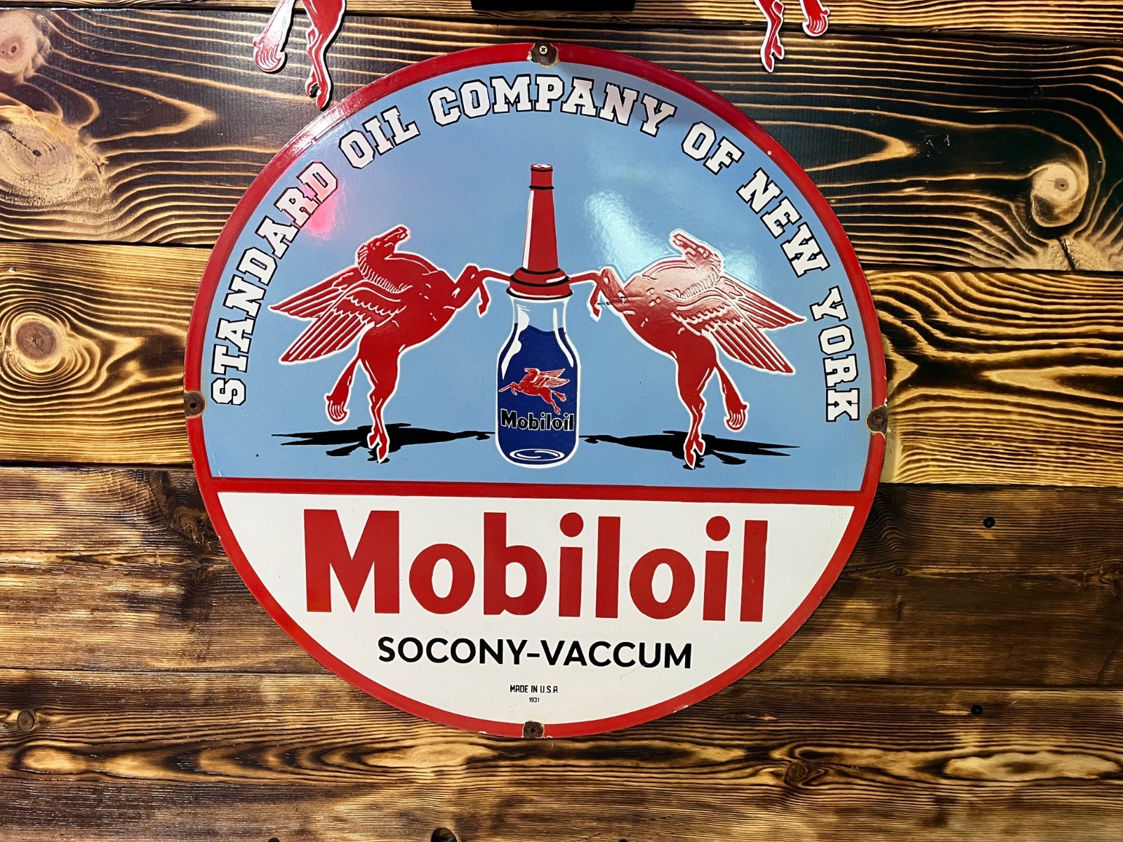 4 pcs. 30in Vintage Mobil Oil Socony Vacuum porcelain sign,2 Pegasus,1 A spout