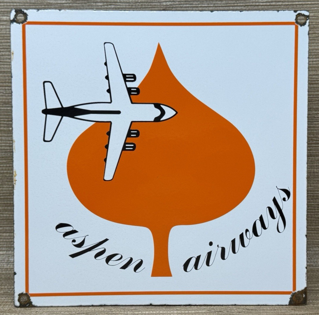 VINTAGE ASPEN AIRWAYS PORCELAIN SIGN GAS OIL AIRLINE AVIATION ORANGE LEAF PLANE
