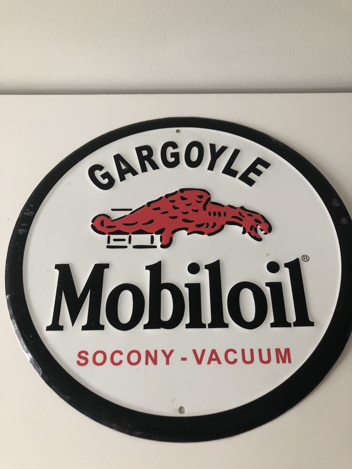 VINTAGE Gargoyle Mobiloil Vintage Metal Round Sign Tin