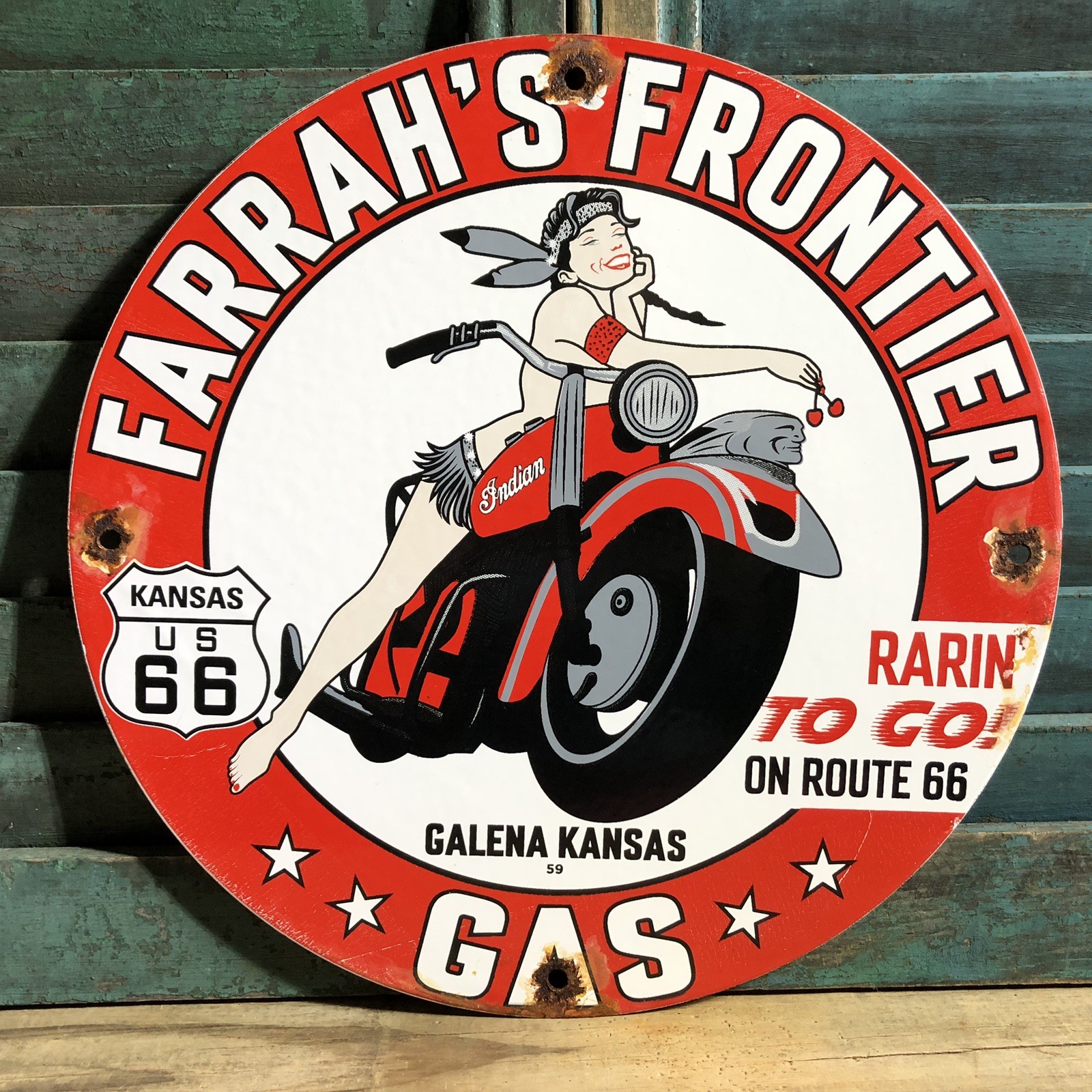 VINTAGE 1959 DATED FARRAH’S FRONTIER GASOLINE PORCELAIN SIGN GAS RARIN’ TO GO
