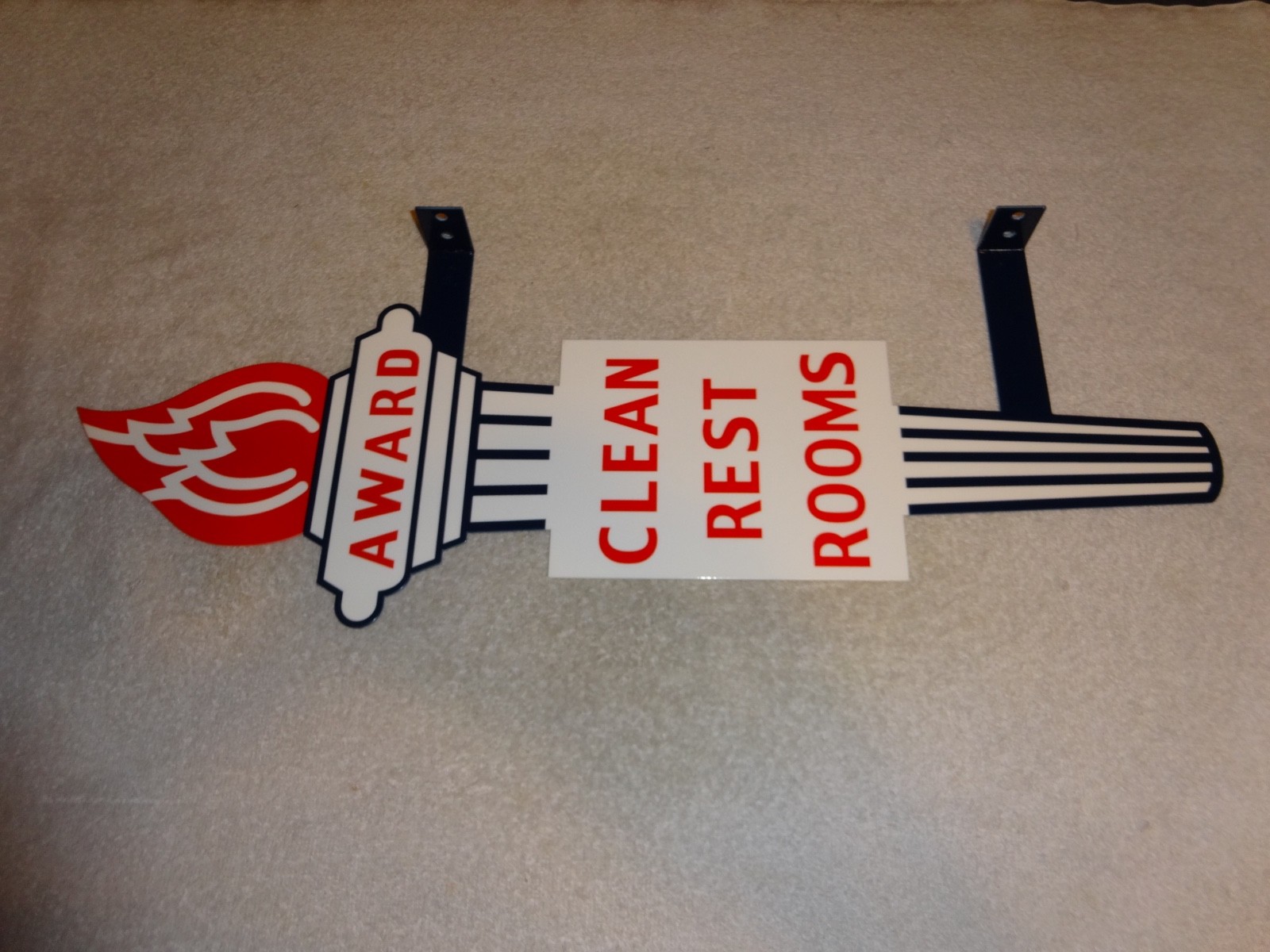 VINTAGE STANDARD GASOLINE TORCH CLEAN RESTROOM HUGE 2′ METAL AWARD BATHROOM SIGN