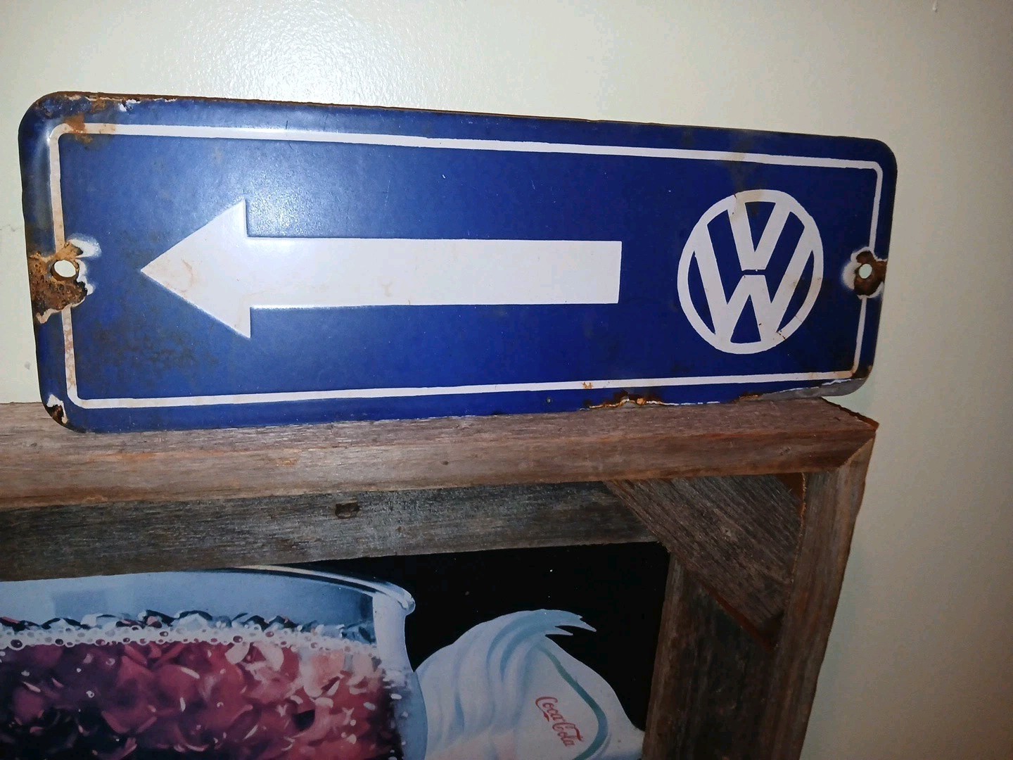 Vtg Large Volkswagen Sign – VW Sales Automobile Gas Pump Porcelain Sign Arrow