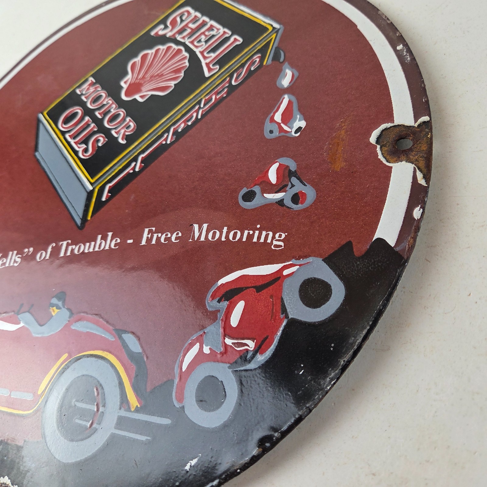 Vintage Shell Gasoline Sign – Free Motoring Gas Oil Pump Plate Porcelain Sign