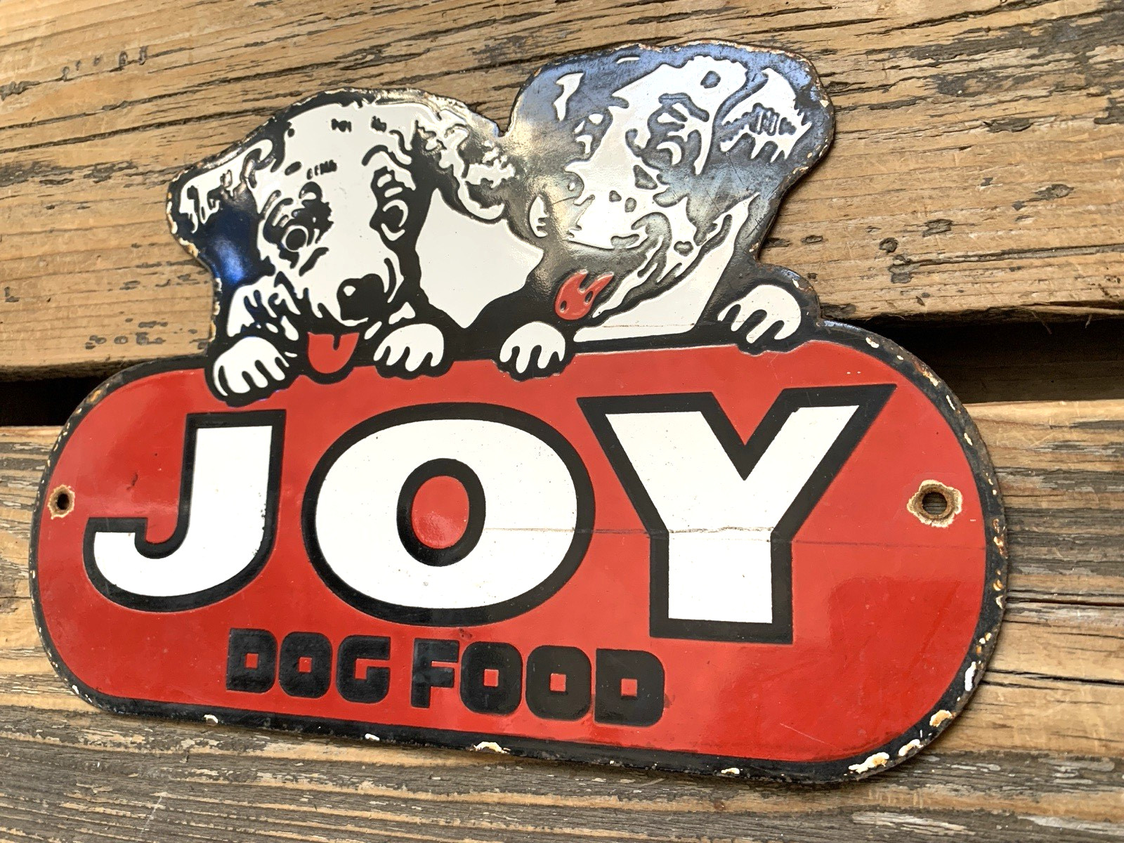 VINTAGE 10.5×7″ JOY DOG FOOD GASOLINE GAS PUMP STATION PORCELAIN MOTOR OIL SIGN