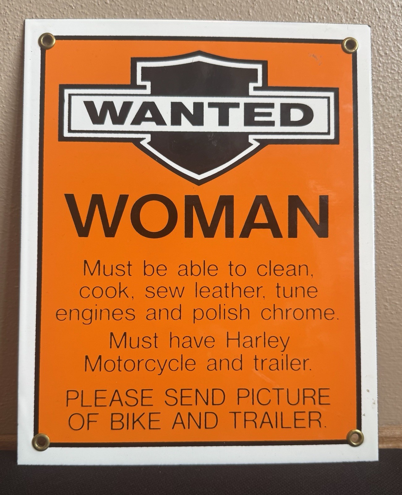 Harley Davidson Heavy Porcelain Enamel “Woman Wanted” Sign Novelty Collectible