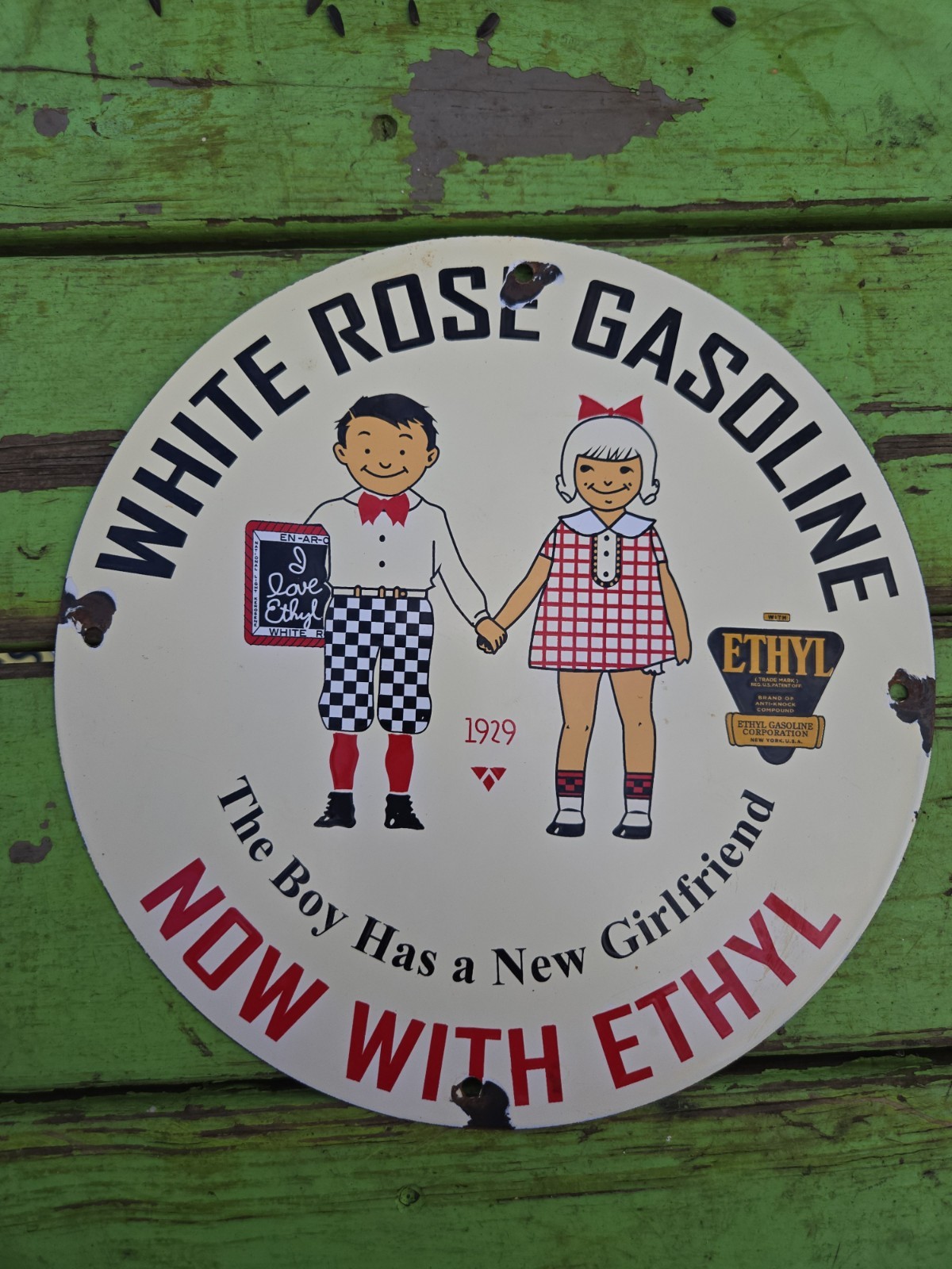 White Rose Gasoline Now With Ethyl Gas Oil Garage PorcelainAdvert. Sign 11 3/4″