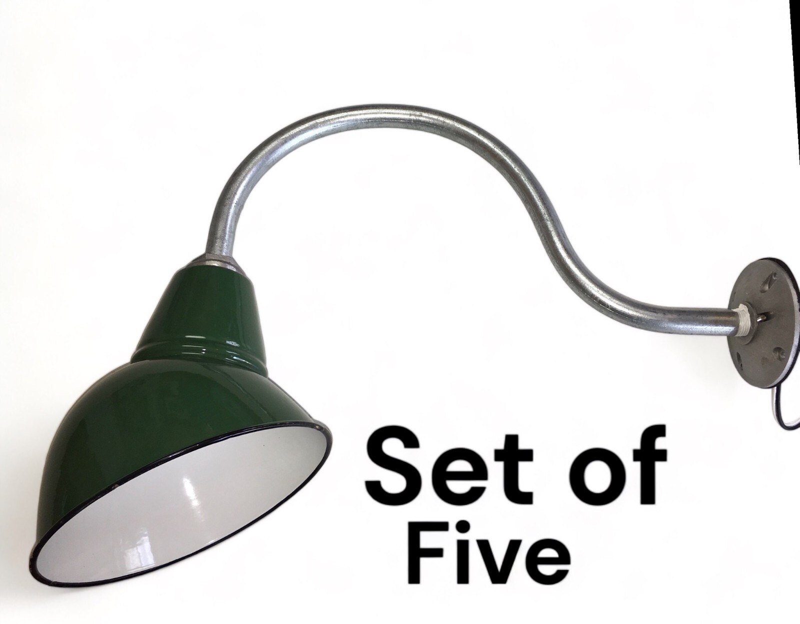 SET of 5 Goodrich 8″ Gooseneck Green Porcelain Sign Lights Gas Station Vintage