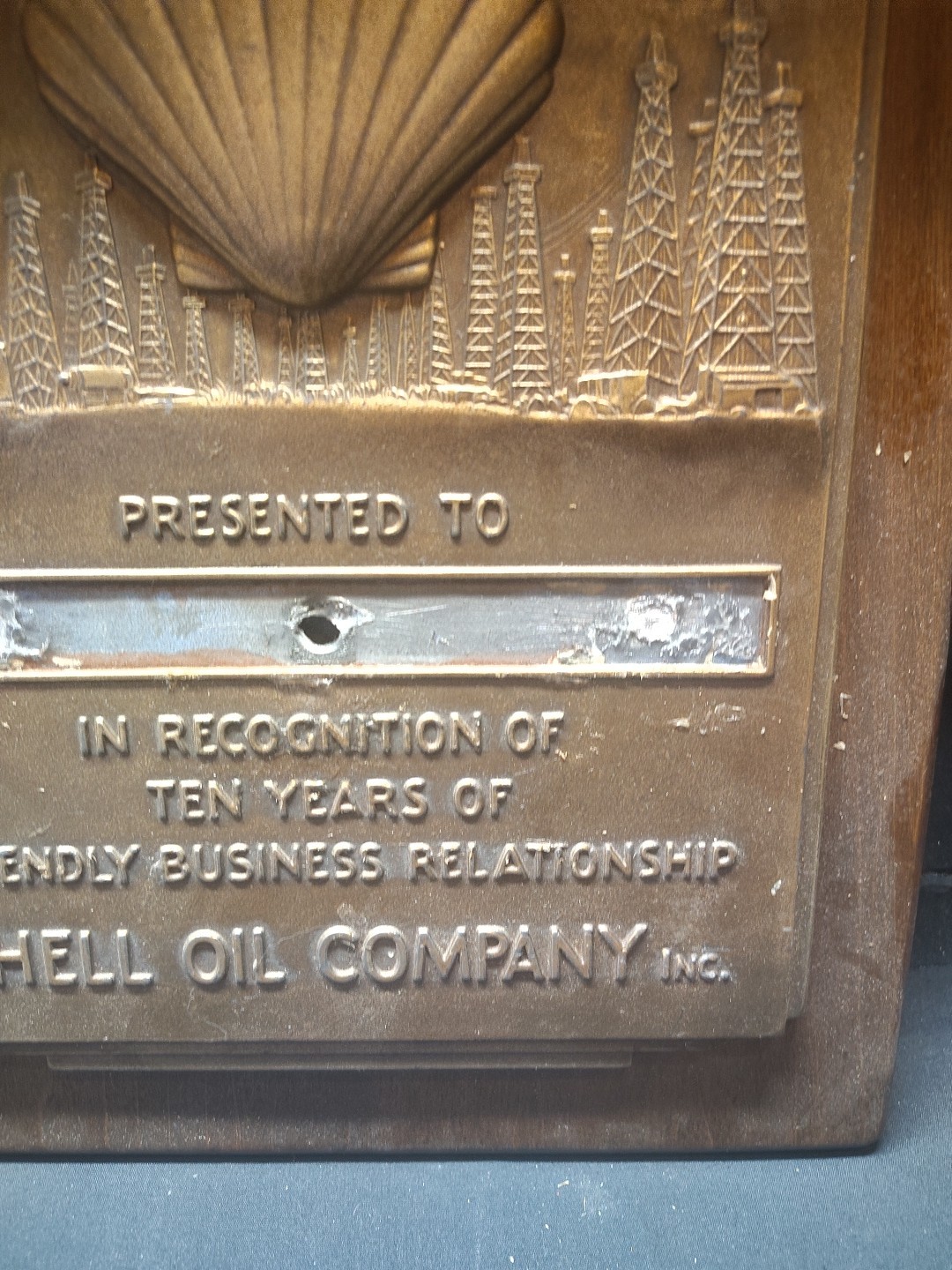 Vintage Shell Gasoline Dealer Award Brass Plaque No Name Badge