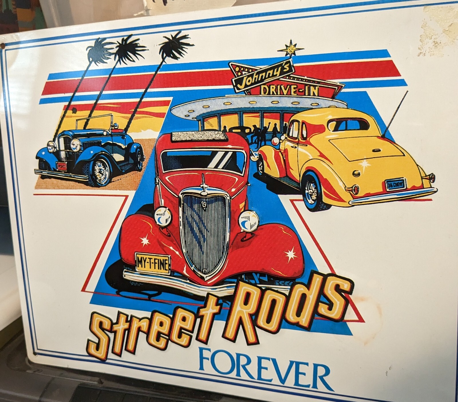 STREET RODS FOREVER Johnny’s Drive in OLD CARS Metal Sign Man Cave Garage Decor