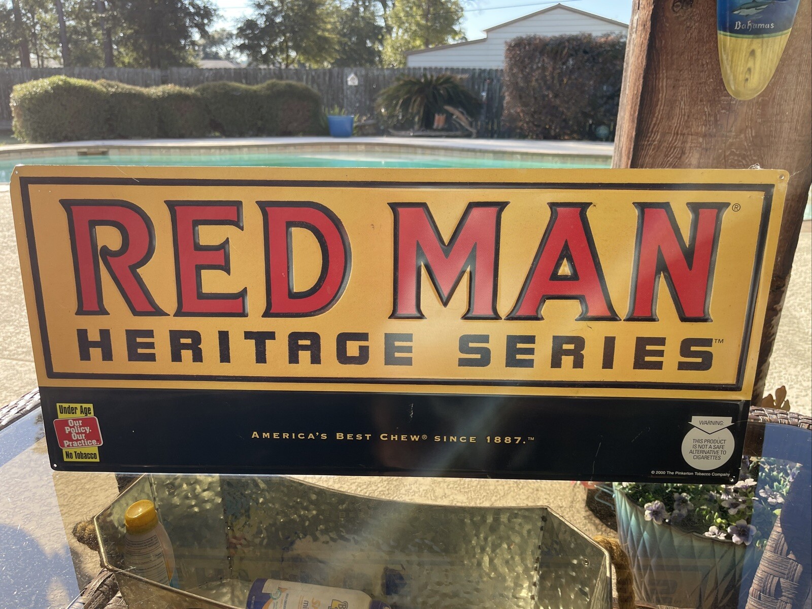 VINTAGE ORIGINAL PAINTED METAL RED MAN CHEW ADVERTISING SIGN EMBOSSED 2000