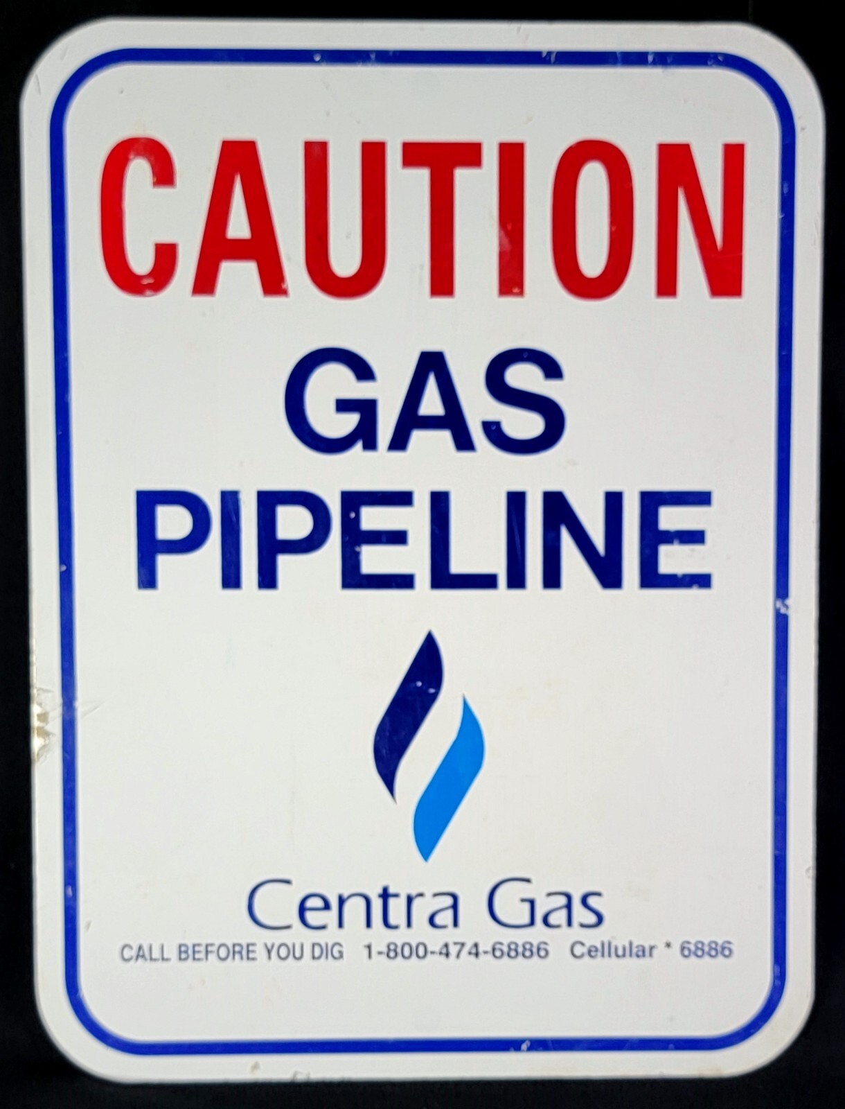 Vintage Late 1990’s Unused Centra Gas Caution Gas Pipeline Metal Sign