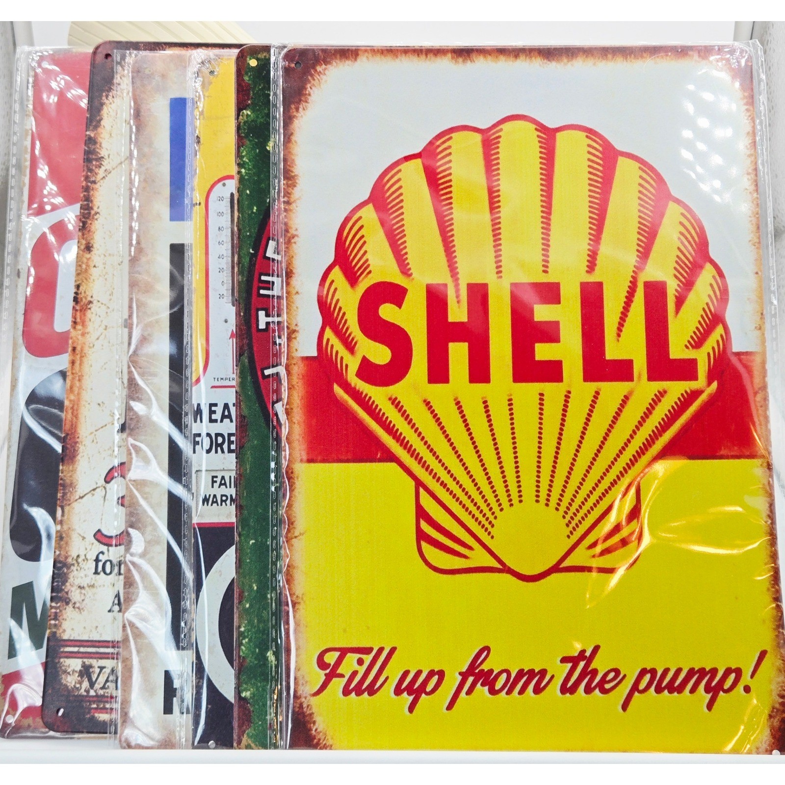 Vintage Style Gas Oil Metal Tin Signs Set Texaco Shell Mobil Castrol 6 Pack NEW