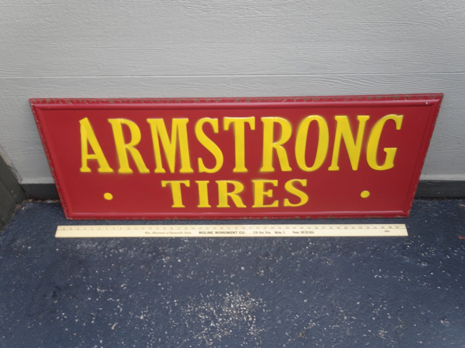VINTAGE ANTIQUE ARMSTRONG TIRES 48″ X 18.5″ SELF FRAMED METAL GASOLINE TIRE SIGN