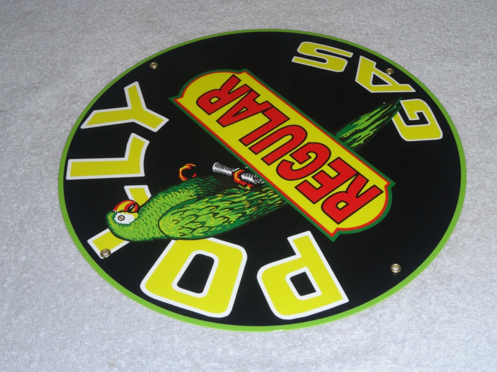 VINTAGE POLLY REGULAR GAS PARROT 🦜 11 3/4″ PORCELAIN METAL GASOLINE & OIL SIGN