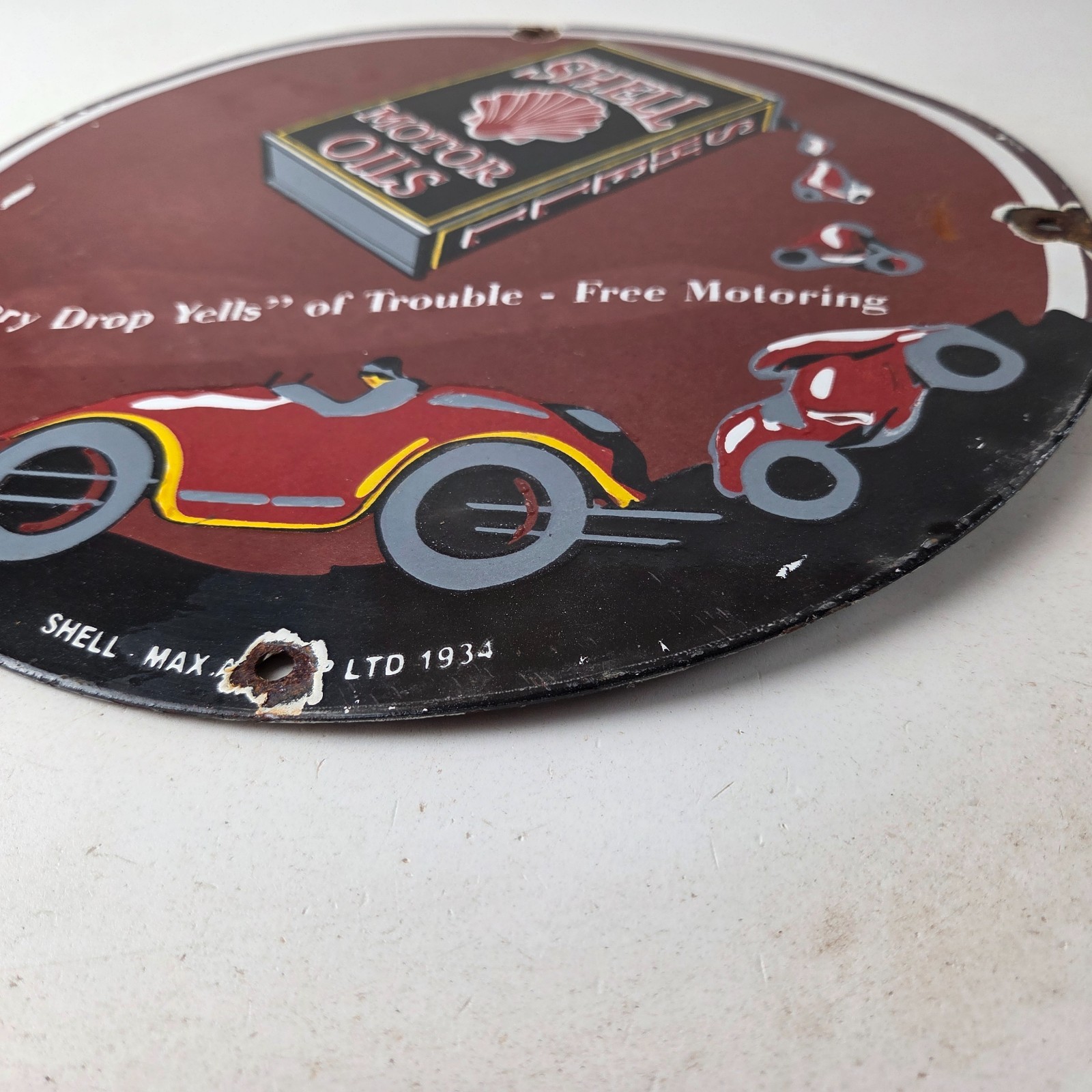 Vintage Shell Gasoline Sign – Free Motoring Gas Oil Pump Plate Porcelain Sign