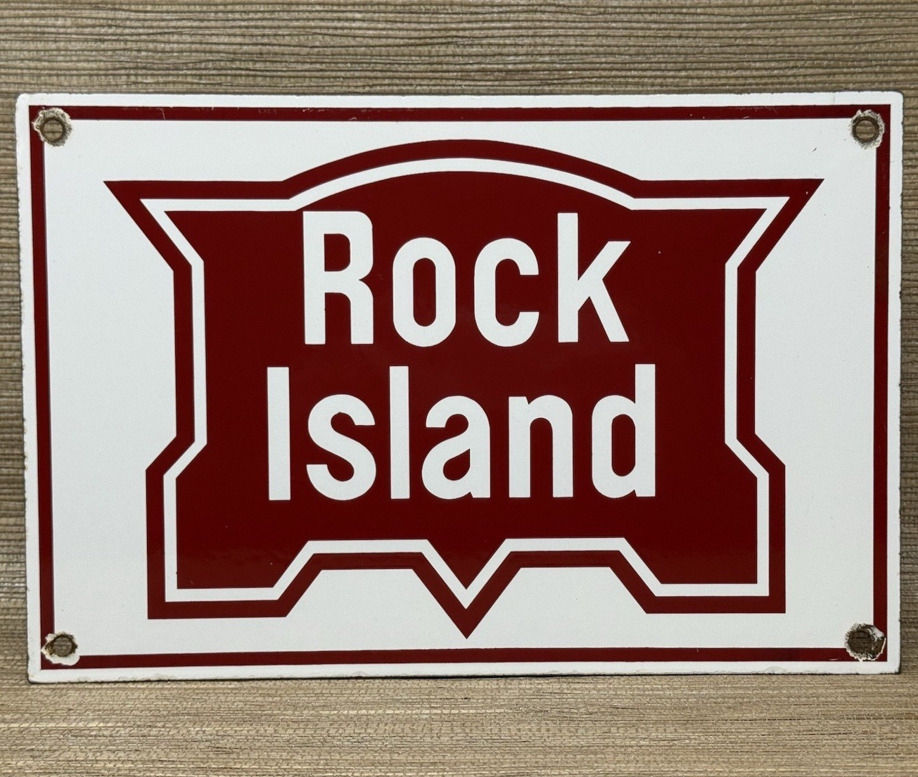 VINTAGE ROCK ISLAND RAILWAY PORCELAIN SIGN GAS OIL TRAIN STATION PUMP PLATE