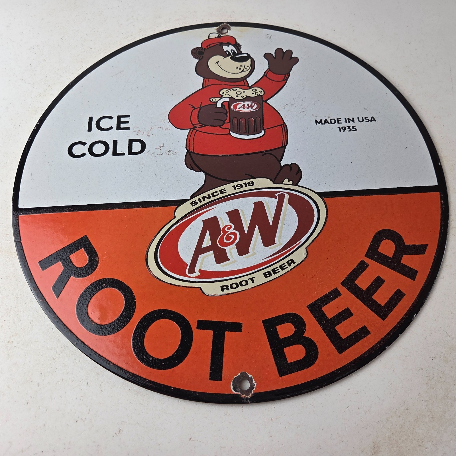 Vintage Root Beer Sign – A&W Beverage Bear Mug Gas Advertising Pump Ad Sign