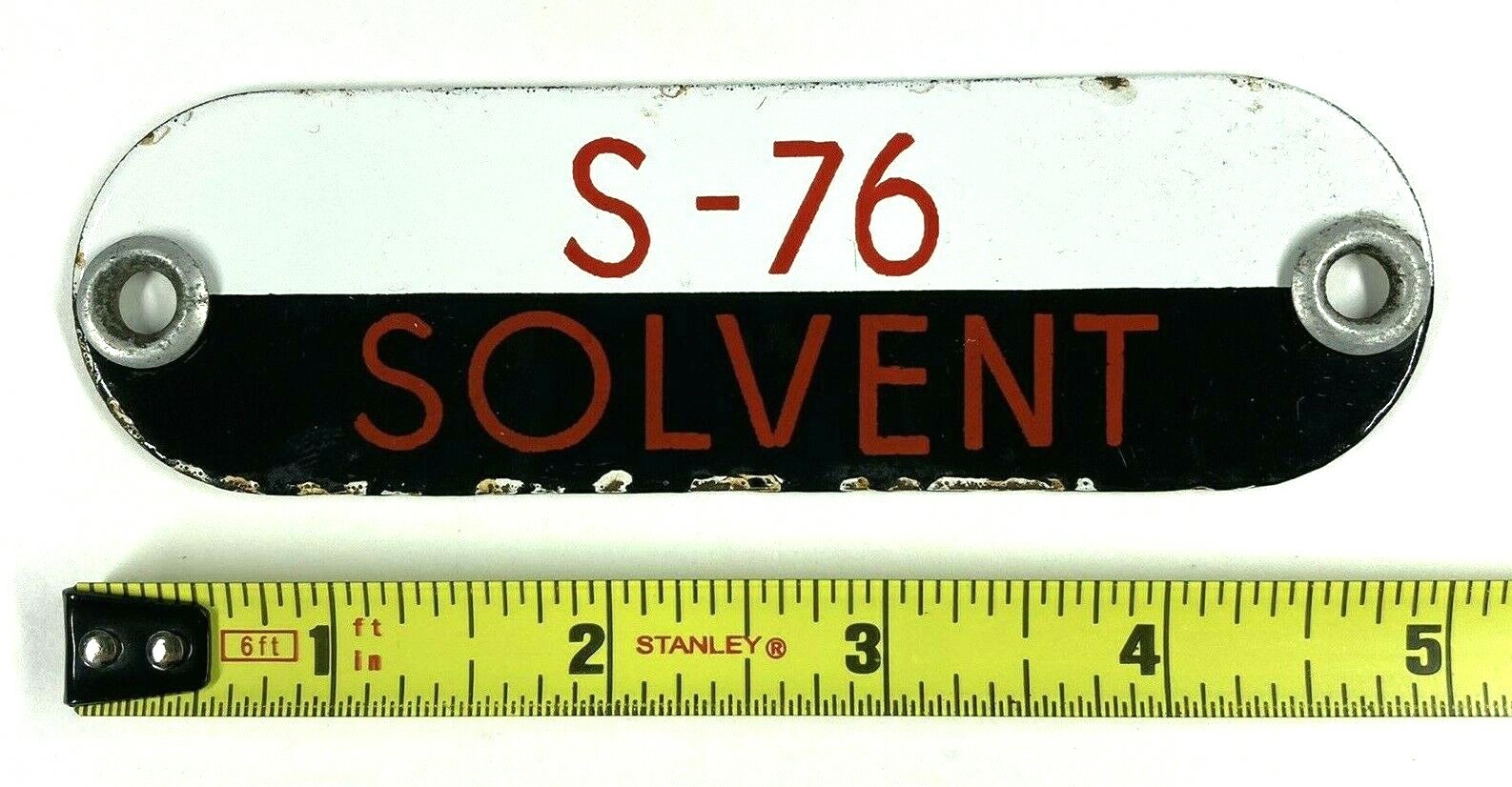 Vintage S-76 Solvent Porcelain Gas Fuel Oil Tag Sign Badge – Black, White & Red