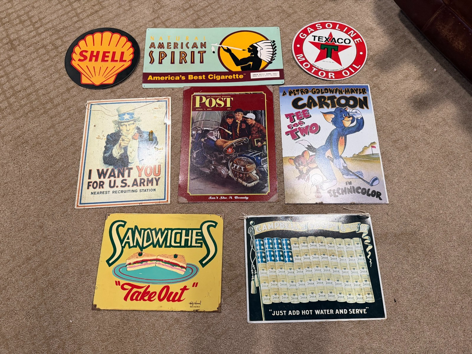 Sign LOT Shell Texaco I Want You US Army American Spirit Tom & Jerry Tin