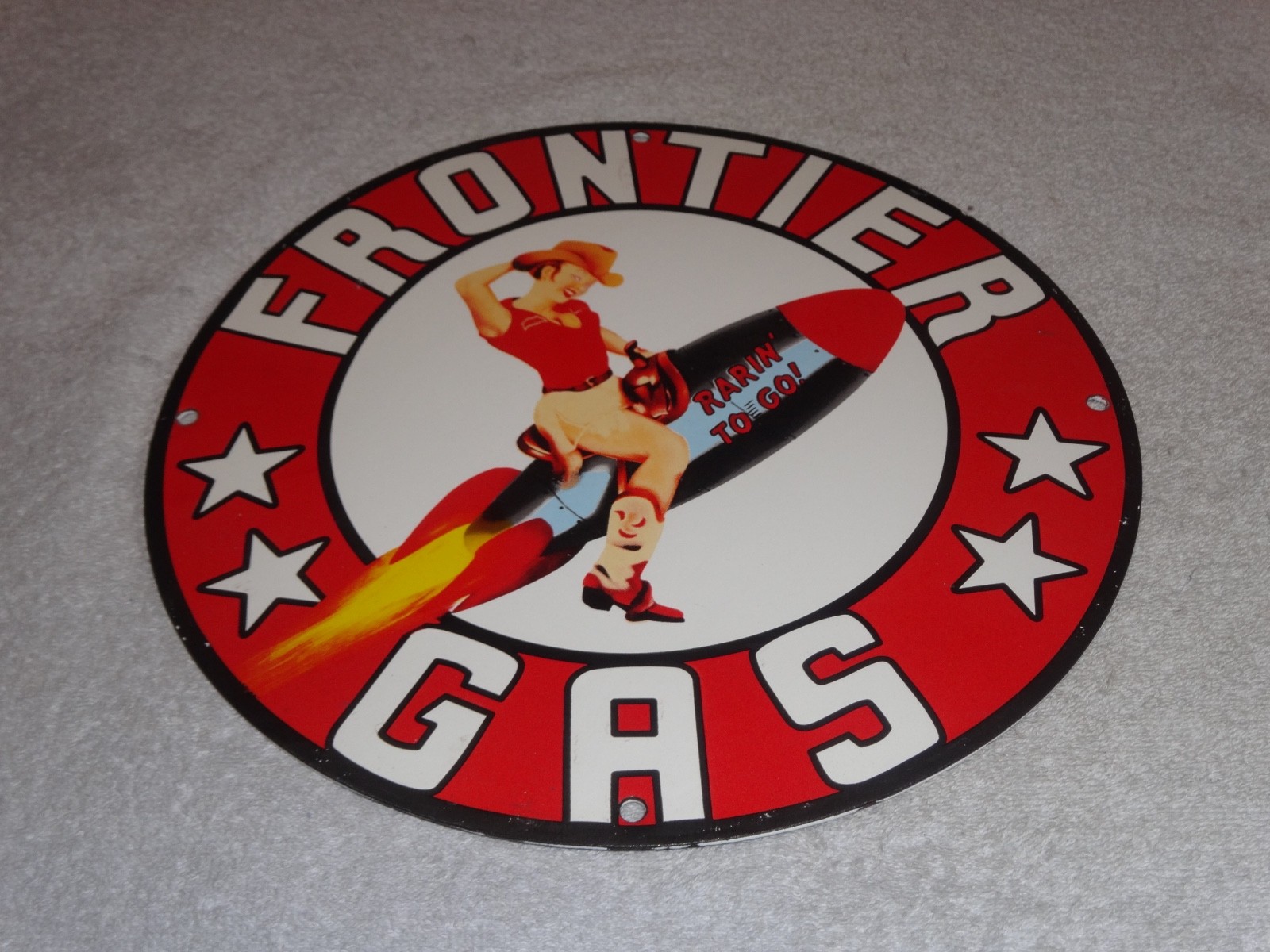 VINTAGE FRONTIER GASOLINE WOMAN ON ROCKET 11 3/4″ PORCELAIN METAL GAS & OIL SIGN