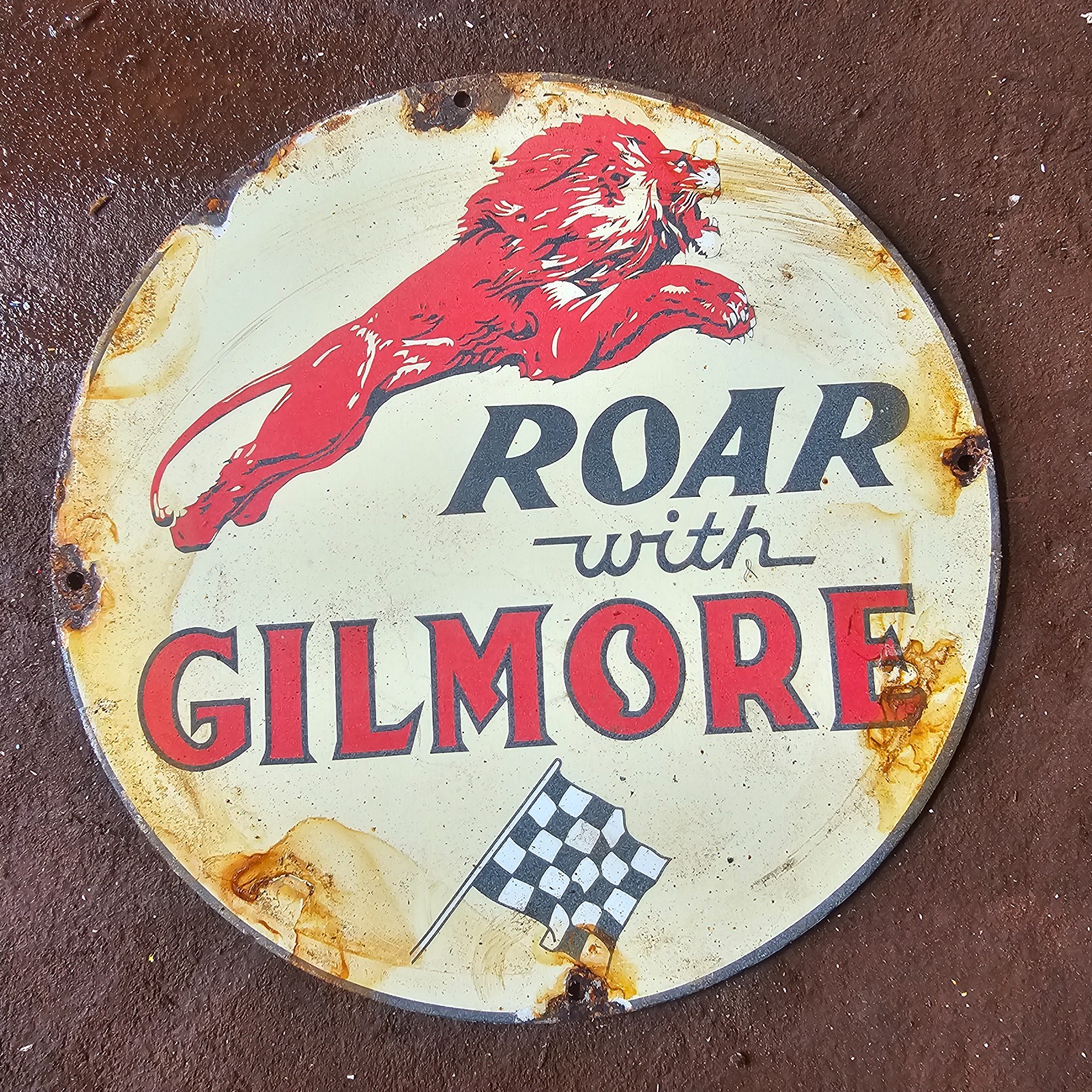 VINTAGE ROAD WITH GILMORE LION GASOLINE OIL GAS PUMP ENAMEL PORCELAIN SIGN
