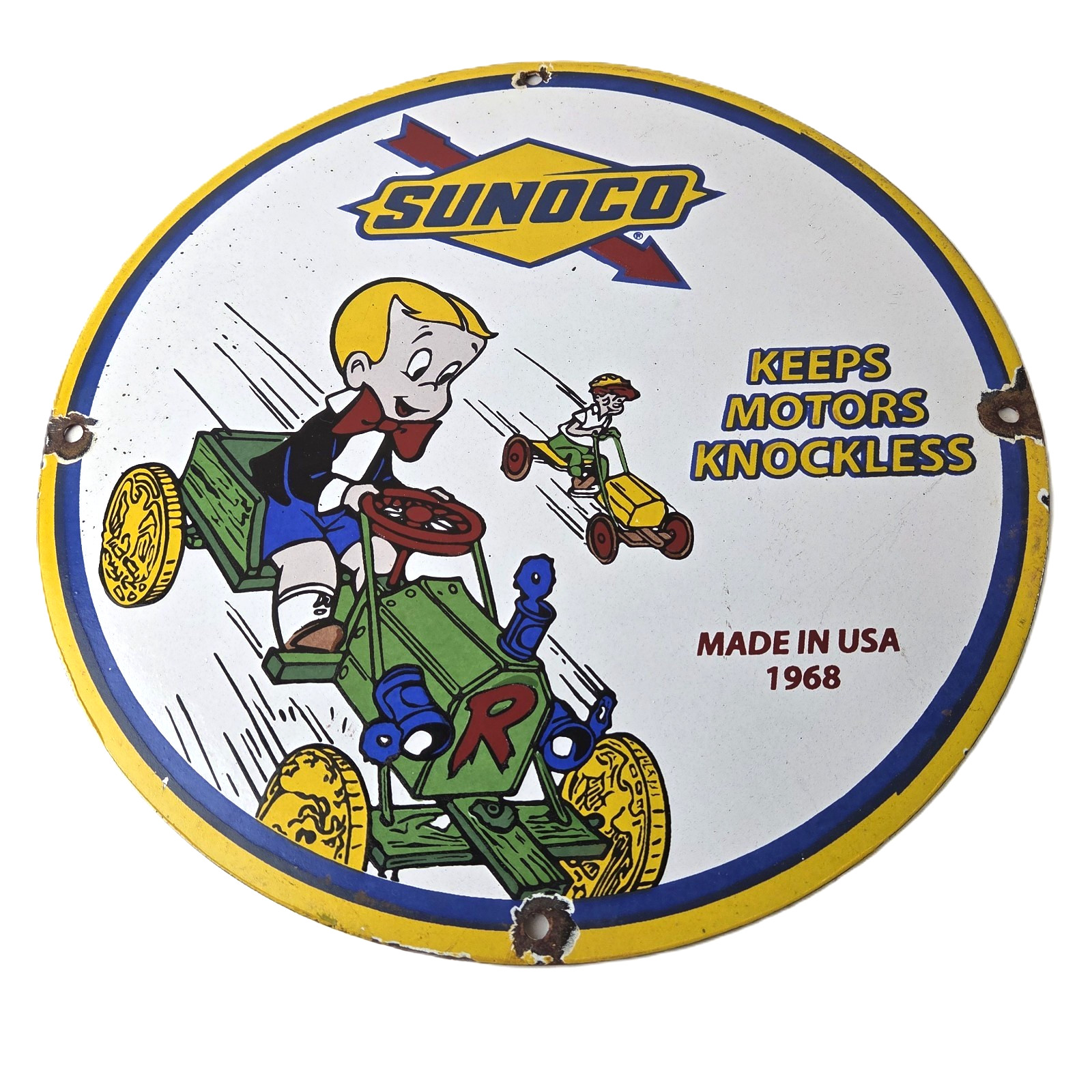 Vintage Sunoco Gasoline Porcelain Sign – Knockless Old Car Cartoon Gas Pump Sign