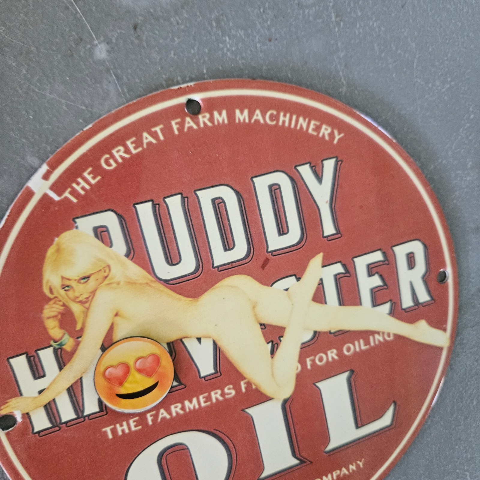 VINTAGE PORCELAIN PIN UP GAS & OIL STATION PUMP PLATE GARAGE MAN CAVE SIGN