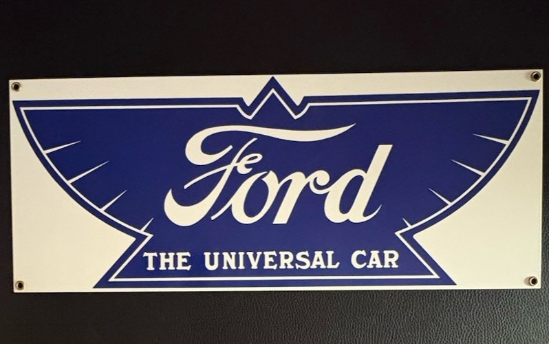 FORD THE UNIVERSAL CAR Porcelain Enameled Steel Sign 18-1/4”x7-3/8” Ande Rooney