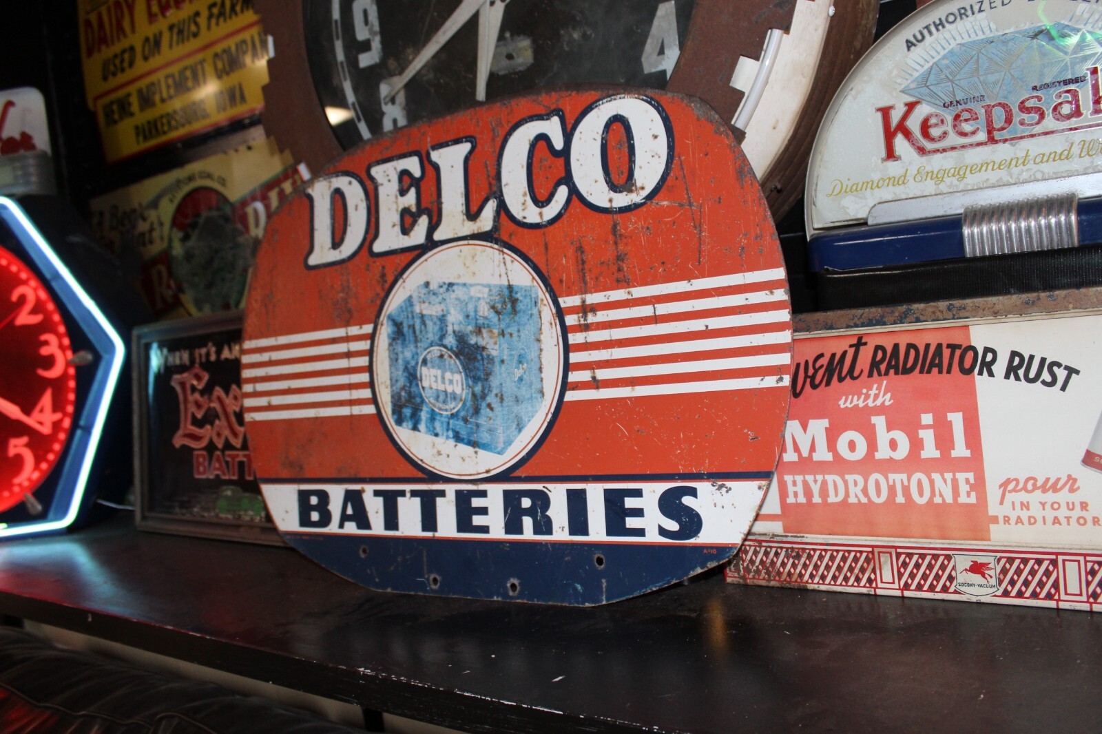 SCARCE 1954 DELCO BATTERIES 2-SIDED PAINTED METAL DEALER SIGN GMC CHEVY GAS OIL
