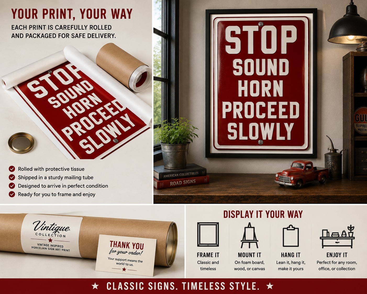 Stop Sound Horn Proceed Slowly Vintage Porcelain Sign Art Print 18×24 Garage…