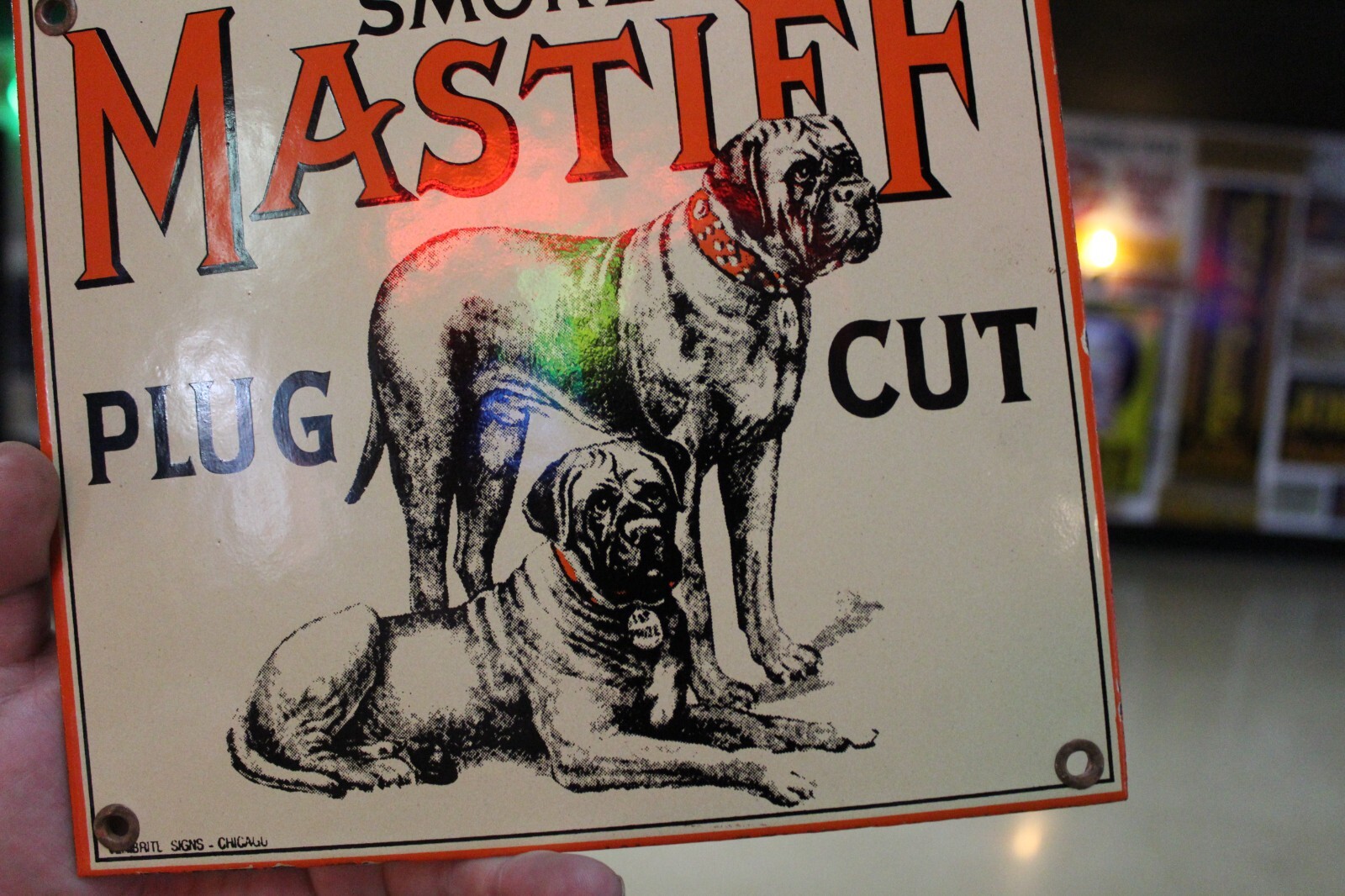 RARE SMOKE MASTIFF PLUG TOBACCO DEALER PORCELAIN METAL SIGN DOG CHEWING INDIAN