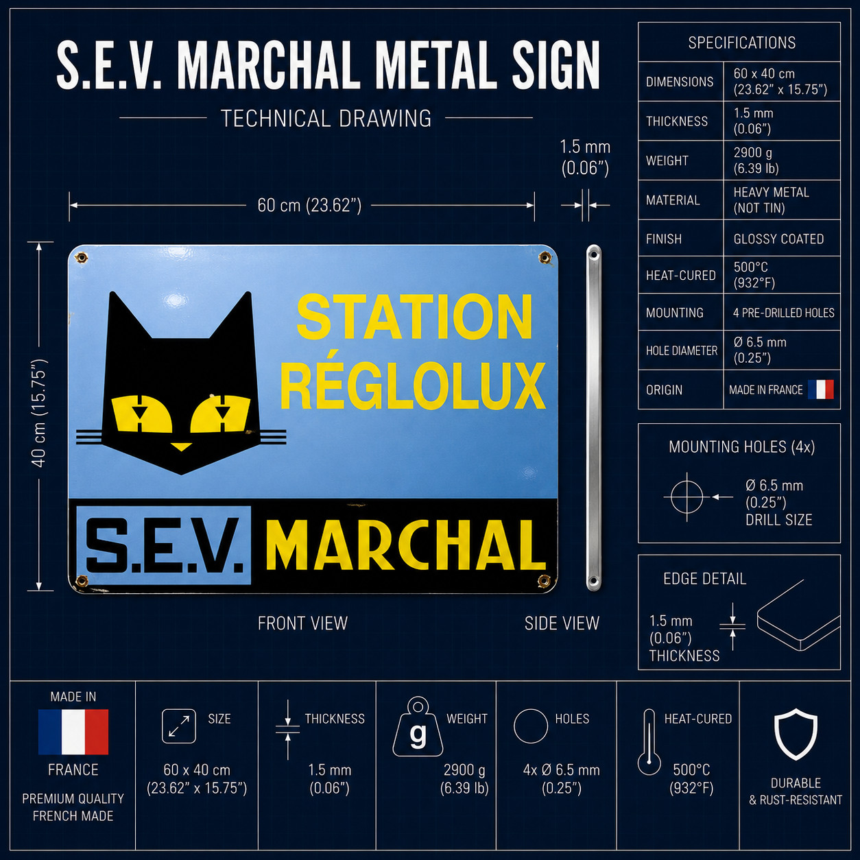Marchal Station Réglolux Heavy Metal Sign – Garage Decor–60×40 cm (23.6” × 15.7)