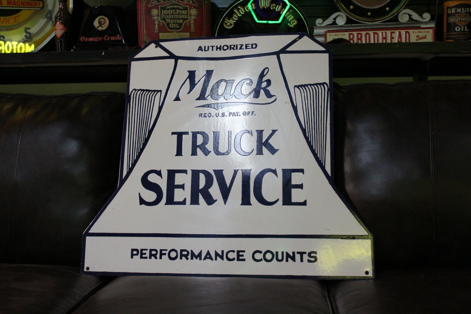 MACK TRUCK SERVICE AUTHORIZED GARAGE PORCELAIN METAL SIGN SEMI GAS OIL DEERE