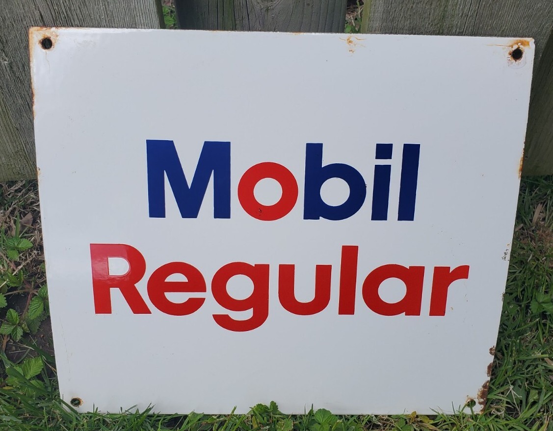 Vtg 1960s Mobil Regular Gas Porcelain Gas Pump Sign Pump Plate Mobil Mobiloil