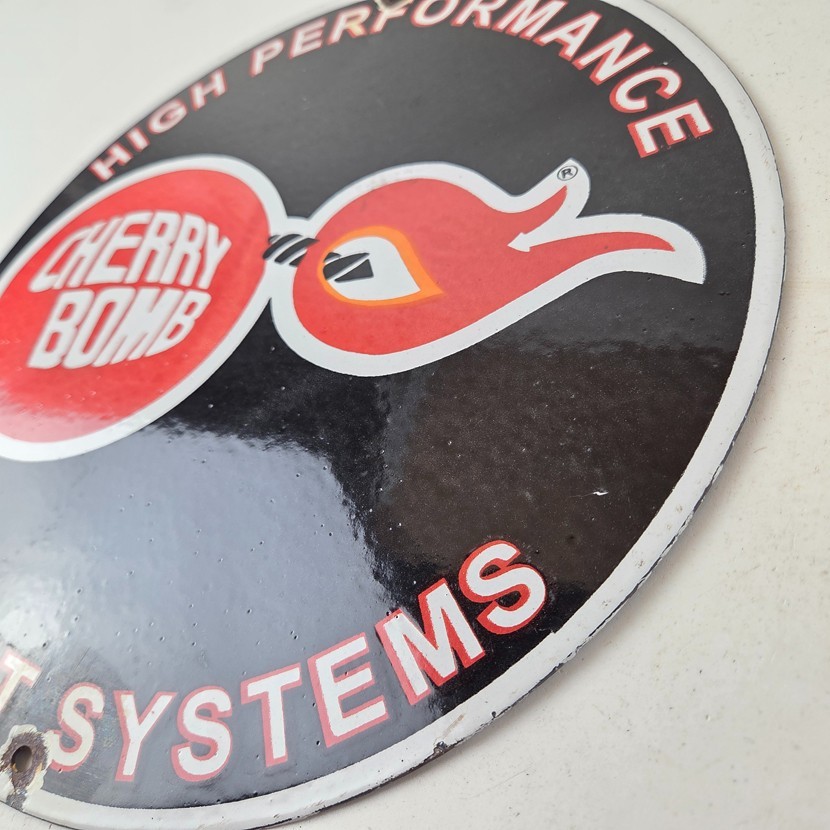 Vintage Cherry Bomb Sign – Auto Mechanic Exhaust Gas Pump Hot Rod Porcelain Sign