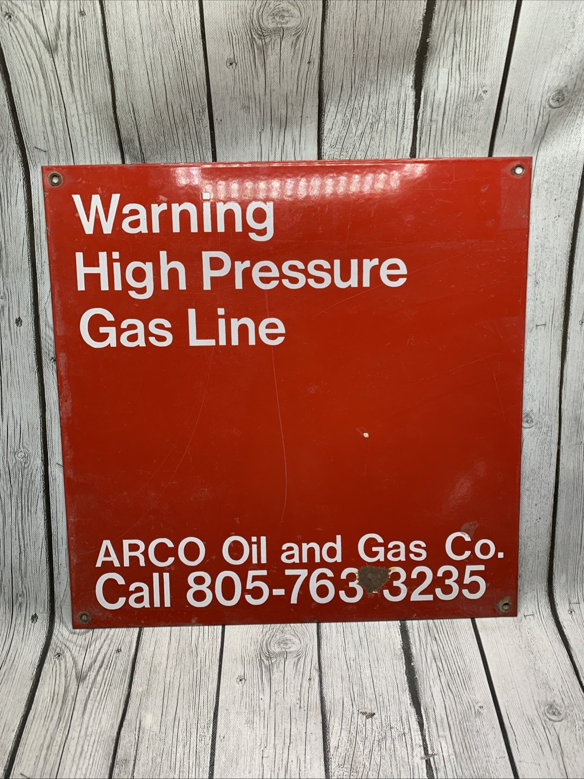 Vintage ARCO Red Porcelain Sign Warning High Pressure Gas Line
