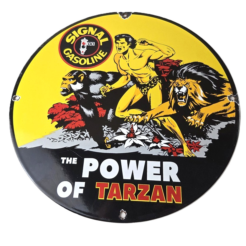 Vintage Signal Gasoline Sign – Tarzan Ape Lion Gas Pump Porcelain Sign