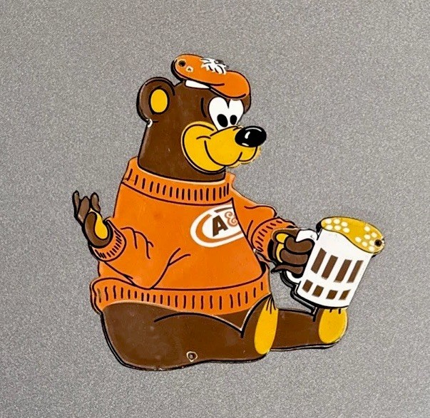 VINTAGE 12” A & W BEAR COLA SODA PORCELAIN SIGN CAR OIL GAS MOTORCYCLE TRUCK