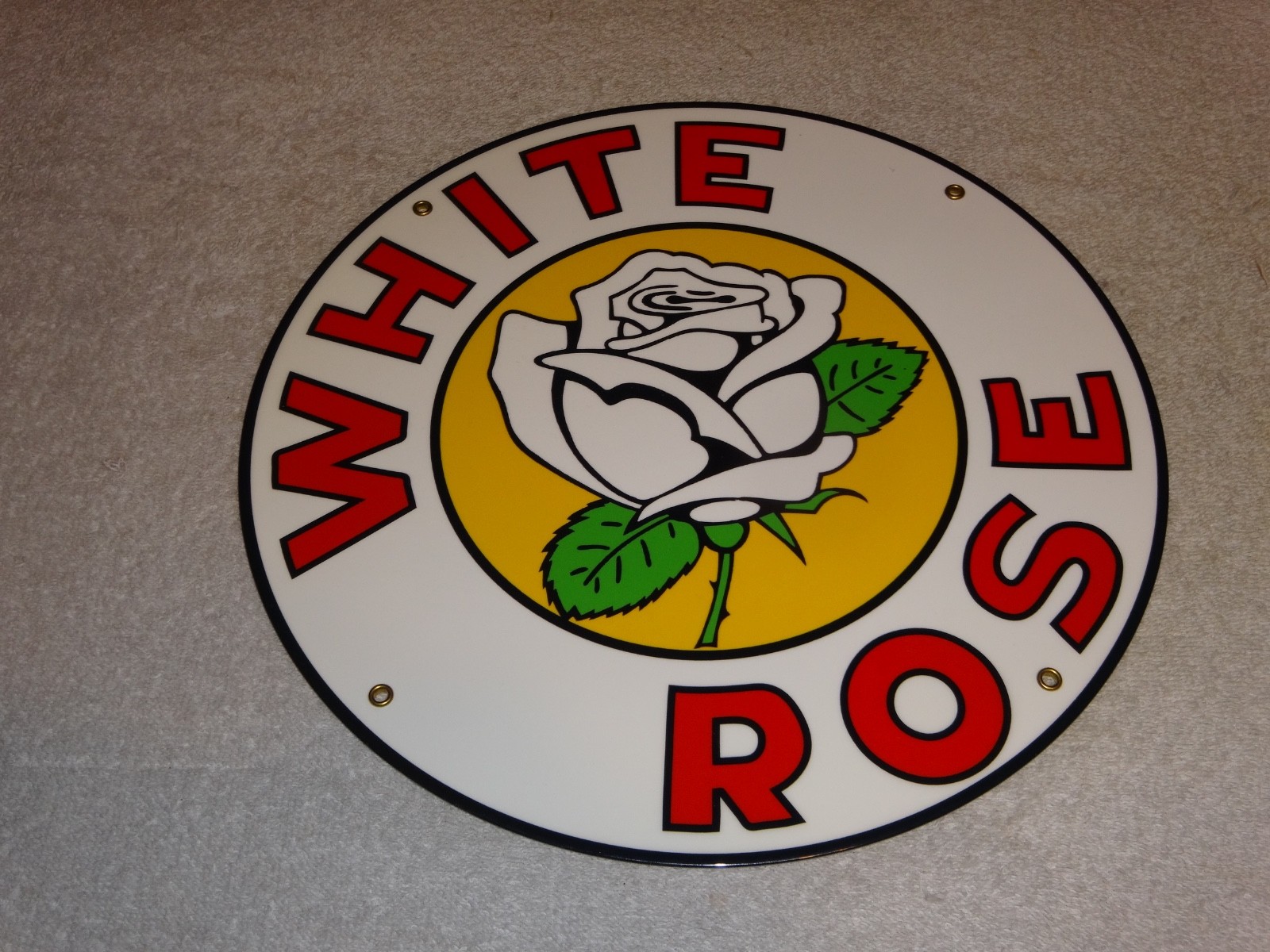 VINTAGE ENARCO WHITE ROSE GASOLINE 11 3/4″ PORCELAIN METAL CANADA GAS & OIL SIGN