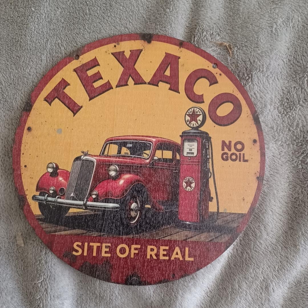 Wood Sign 8″ Round Man Cave Garage Bar Gas Station Wall Art Oil Auto Texaco