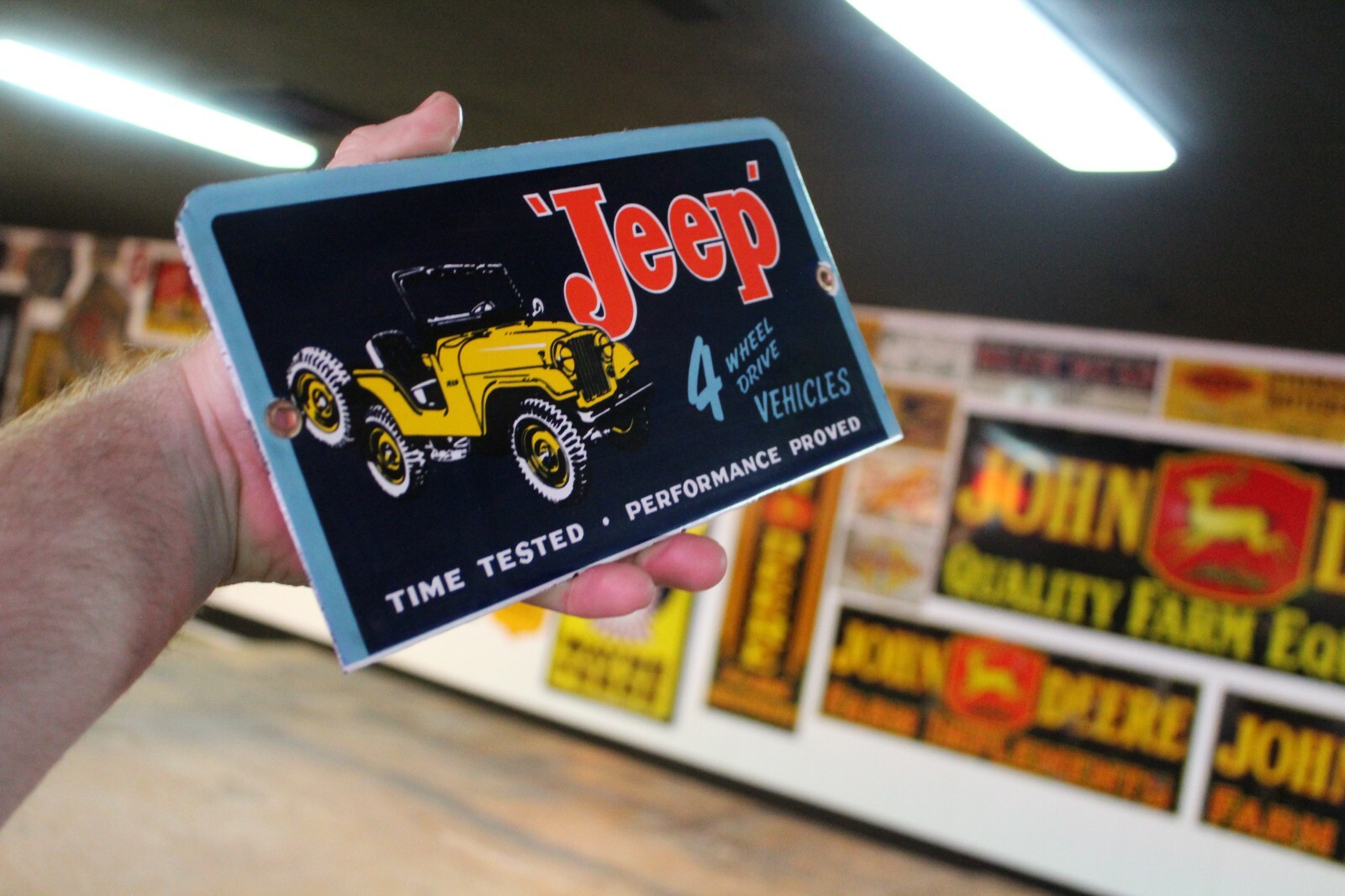 JEEP 4 WHEEL DRIVE VEHICLES DEALER PORCELAIN SIGN WILLY CJ7 WRANGLER CHEROKEE 66