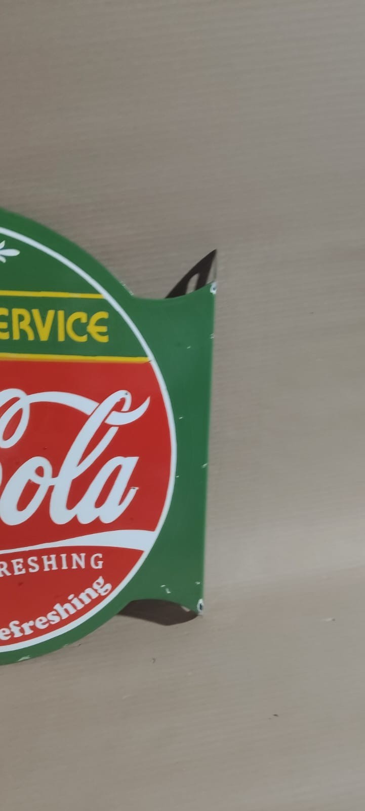 Drink Coca Cola Fountain Service Porcelain Enamel Sign 19.5 x 17 Inches 2 Sided