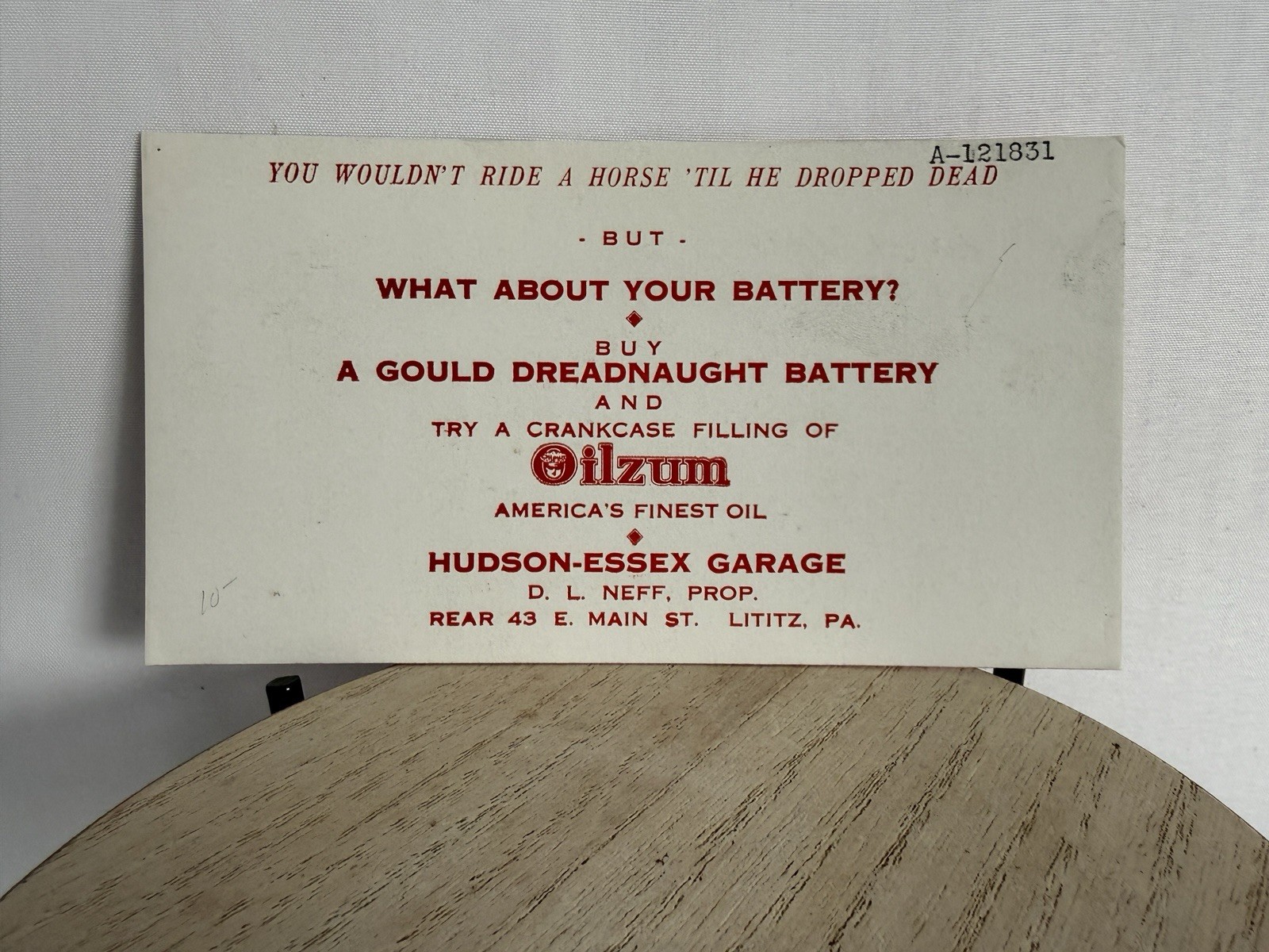 Vintage OILZUM Motor Oil Lititz, PA Hudson Essex Garage RARE 3.5″ x 6″