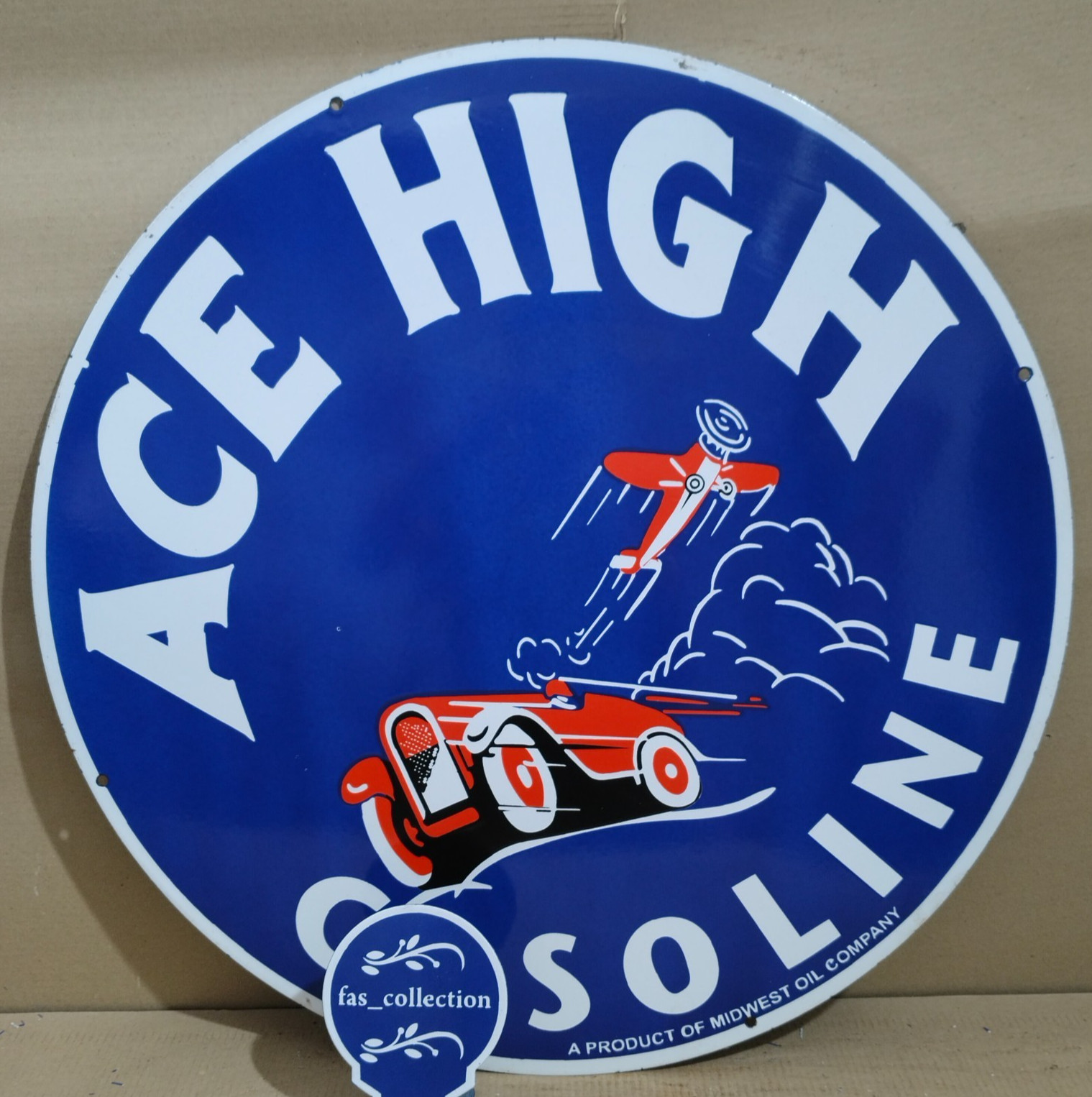 Ace High Gasoline Porcelain Enamel Sign 30 x 30 Inches 1 Sided