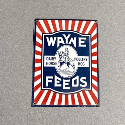 VINTAGE 12” WAYNE FEEDS HORSE COW PORCELAIN SIGN CAR GAS TRUCK MOTORCYCLE OIL