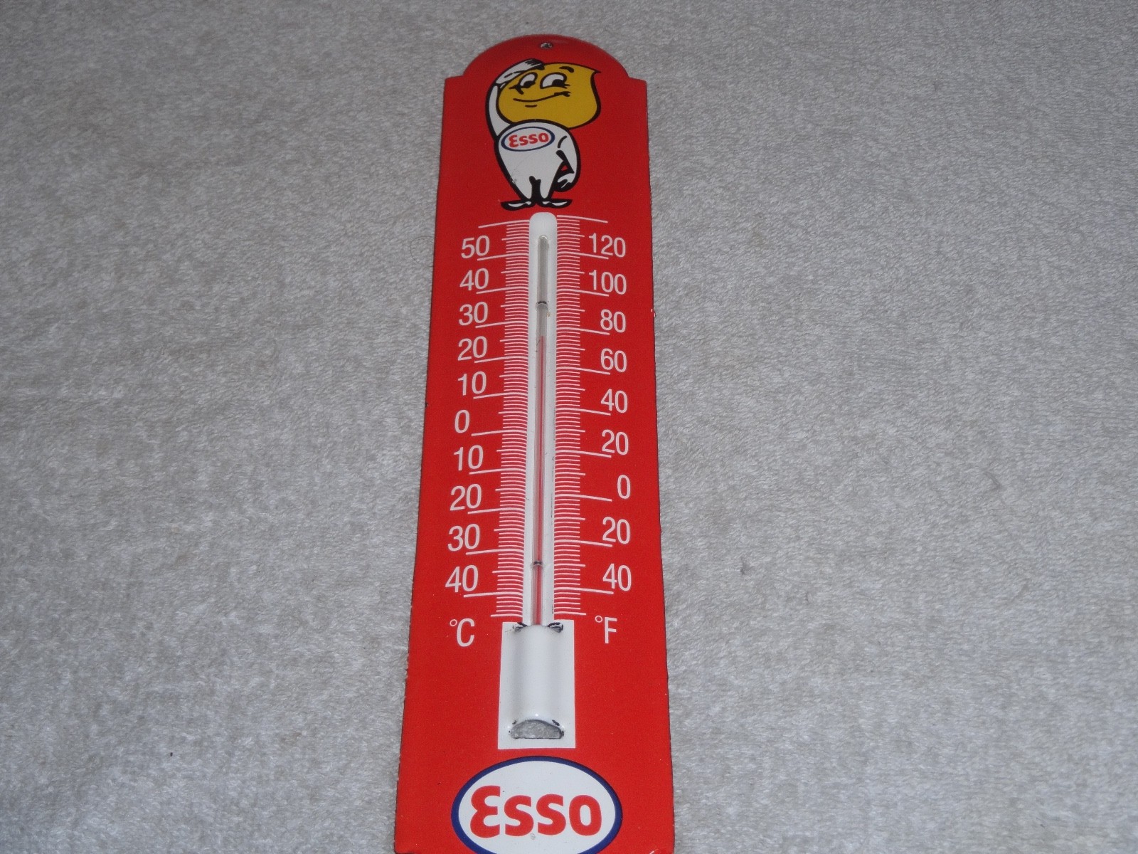 VINTAGE ESSO OIL DROP BOY 12″ PORCELAIN METAL GASOLINE SERVICE THERMOMETER SIGN!